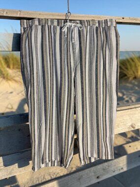 Architect Blue & Tan Striped Linen Blend Wide Leg Cropped Pants Sz 3X